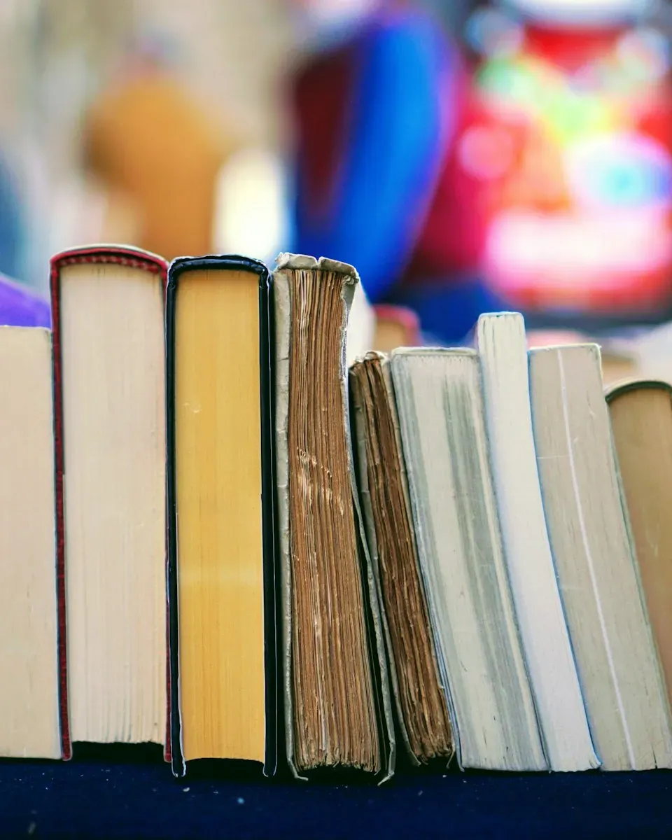 A row of worn paperbacks standing on a shelf.